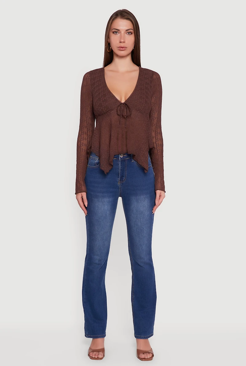 Womens Almost Famous Floral Lace Handkerchief Hem Blouse, Brown, Size L