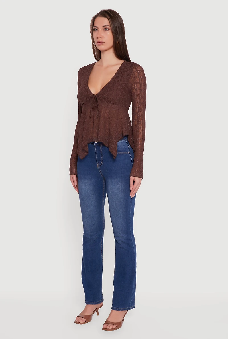 Womens Almost Famous Floral Lace Handkerchief Hem Blouse, Brown, Size L