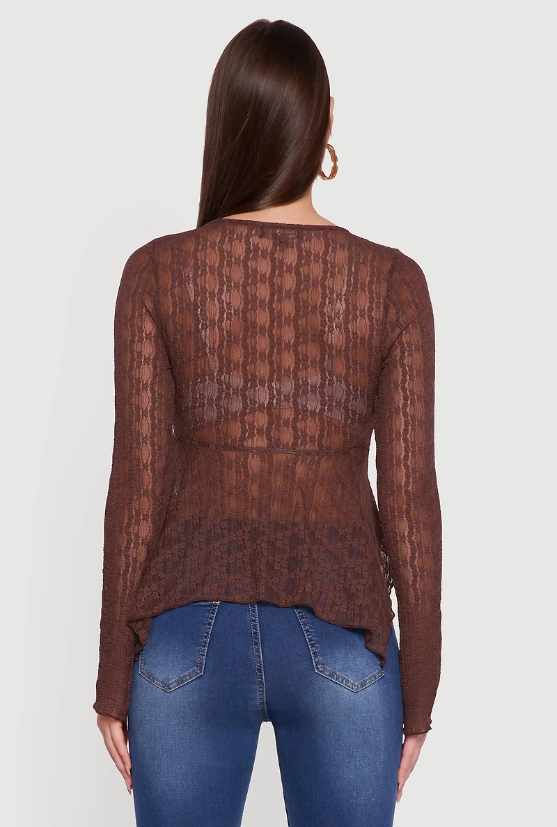 Womens Almost Famous Floral Lace Handkerchief Hem Blouse, Brown, Size L