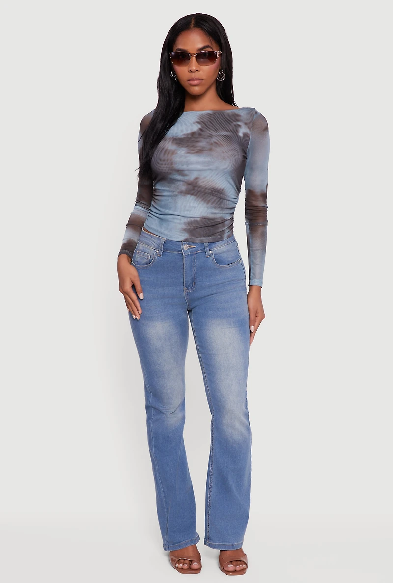 Long Sleeve Boat Neck Patterned Mesh Top