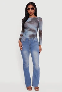 Long Sleeve Boat Neck Patterned Mesh Top