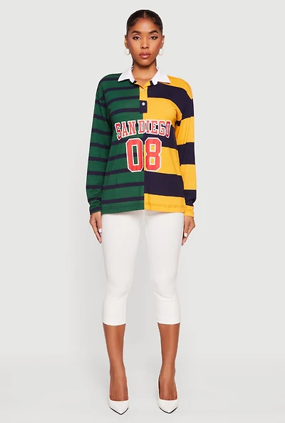 Color Blocked Stripe Destination Graphic Polo Tee