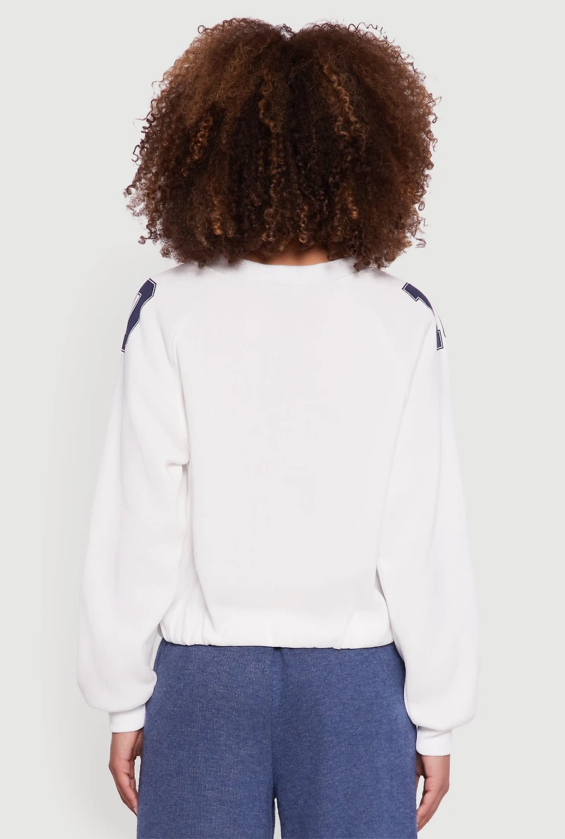 Womens Almost Famous Elastic Hem Cropped Graphic Sweatshirt, White, Size L