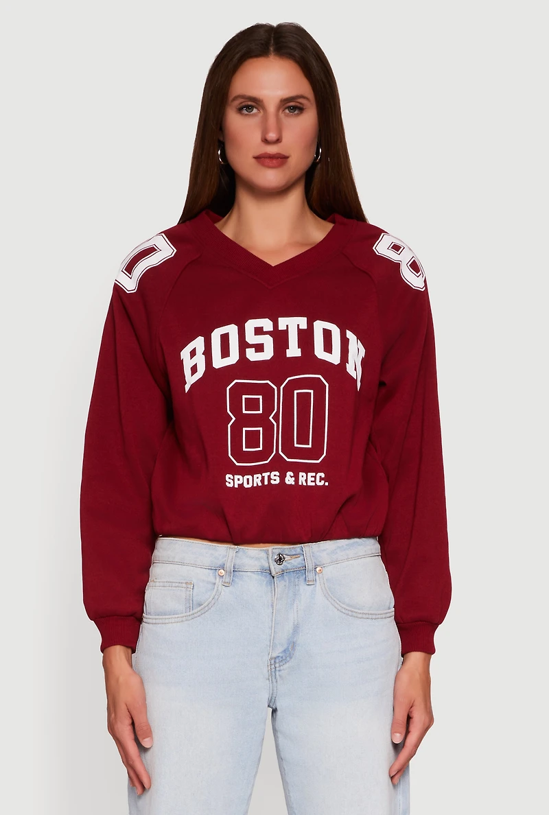 Womens Almost Famous Elastic Hem Cropped Graphic Sweatshirt, Burgundy, Size XL