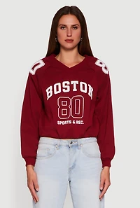 Womens Almost Famous Elastic Hem Cropped Graphic Sweatshirt, Burgundy, Size XL
