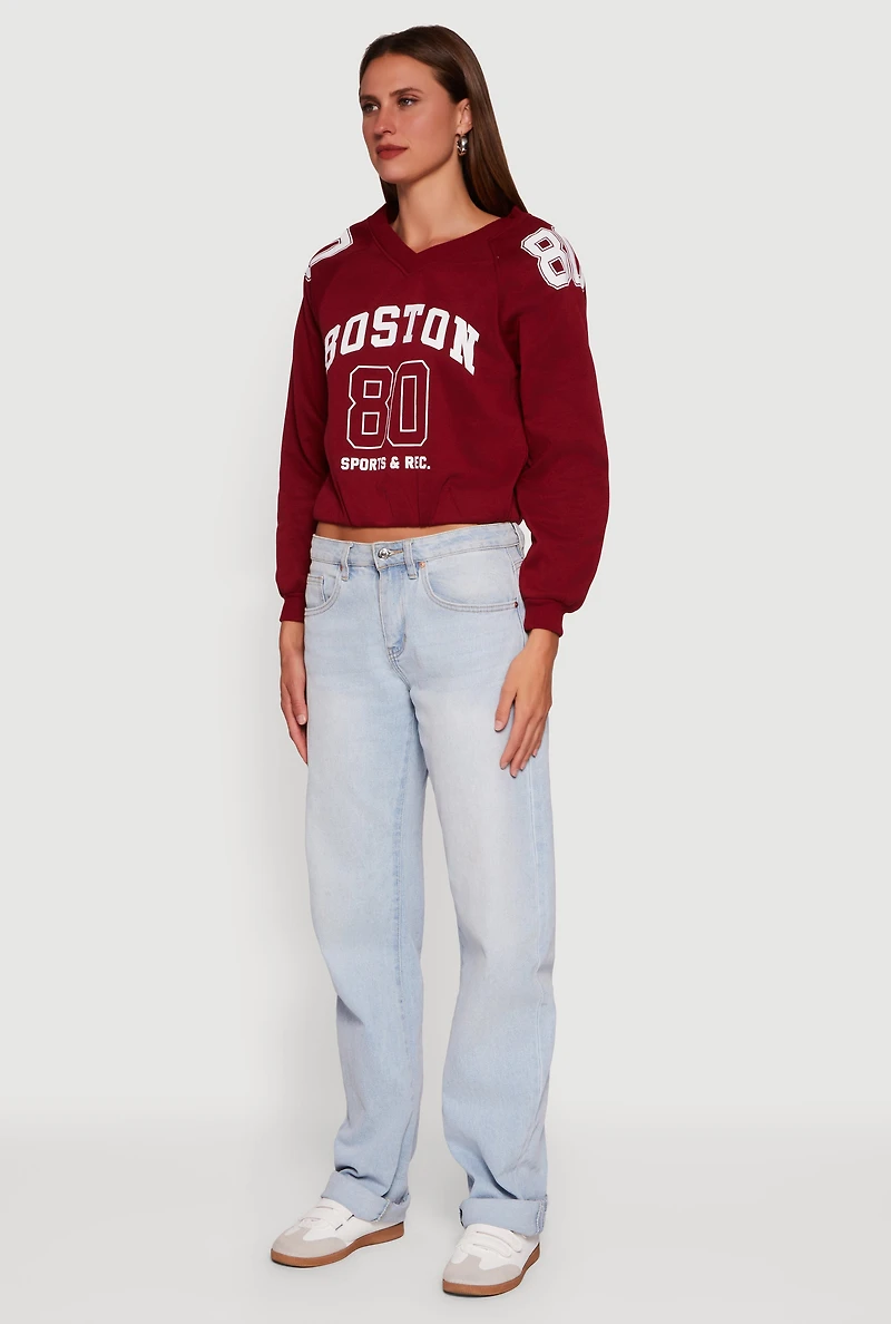 Womens Almost Famous Elastic Hem Cropped Graphic Sweatshirt, Burgundy, Size XL