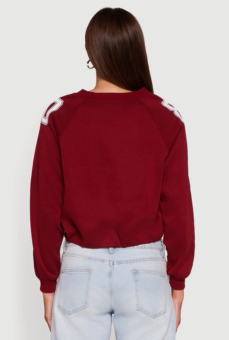 Womens Almost Famous Elastic Hem Cropped Graphic Sweatshirt, Burgundy, Size XL