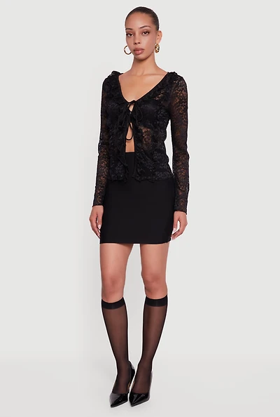 Womens Floral Lace Double Tie Front Ruffle Top, Black, Size L