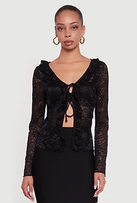 Womens Floral Lace Double Tie Front Ruffle Top, Black, Size L