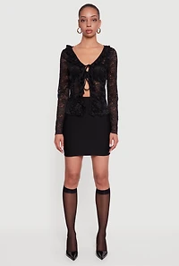 Womens Floral Lace Double Tie Front Ruffle Top, Black, Size L