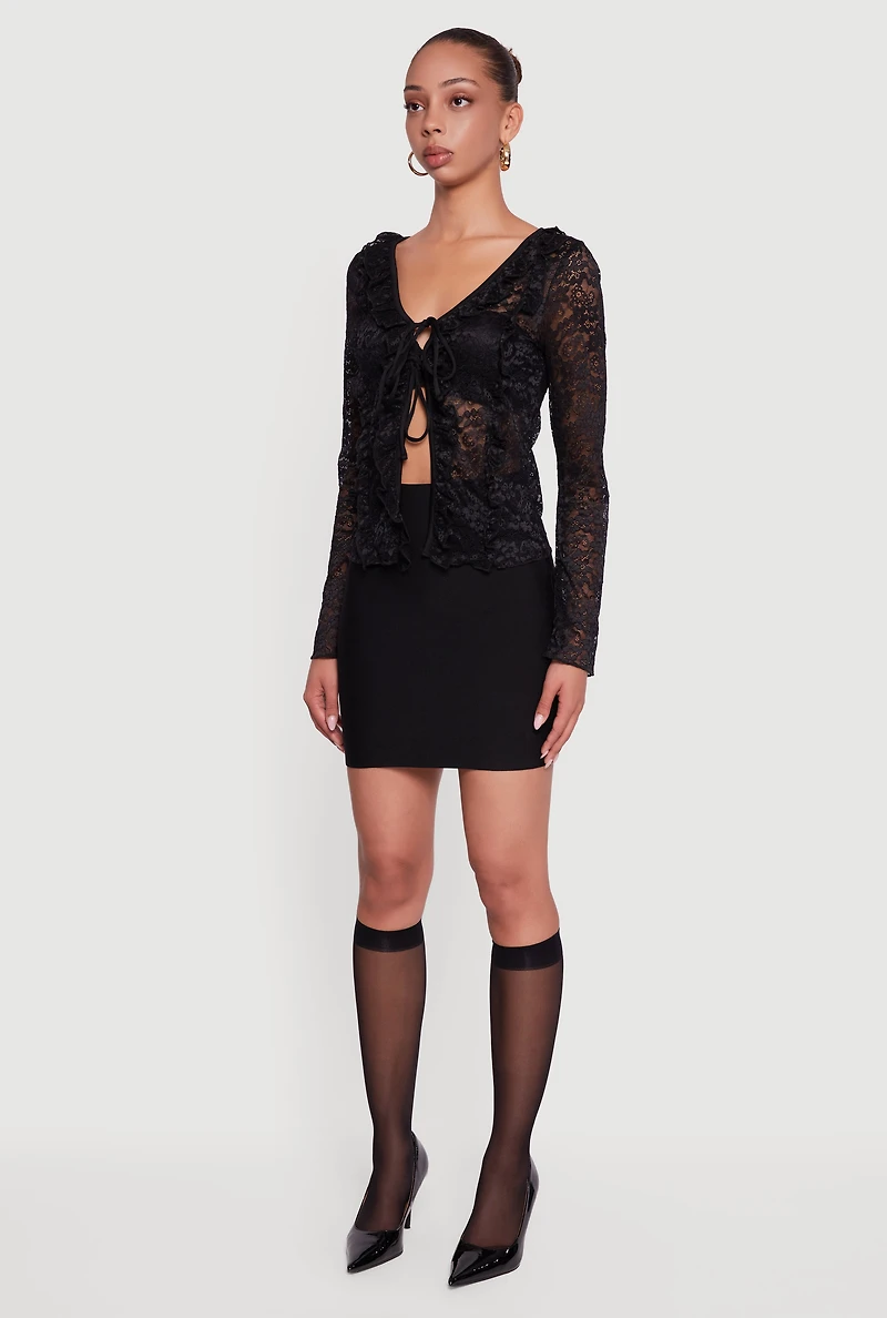 Womens Floral Lace Double Tie Front Ruffle Top, Black, Size M