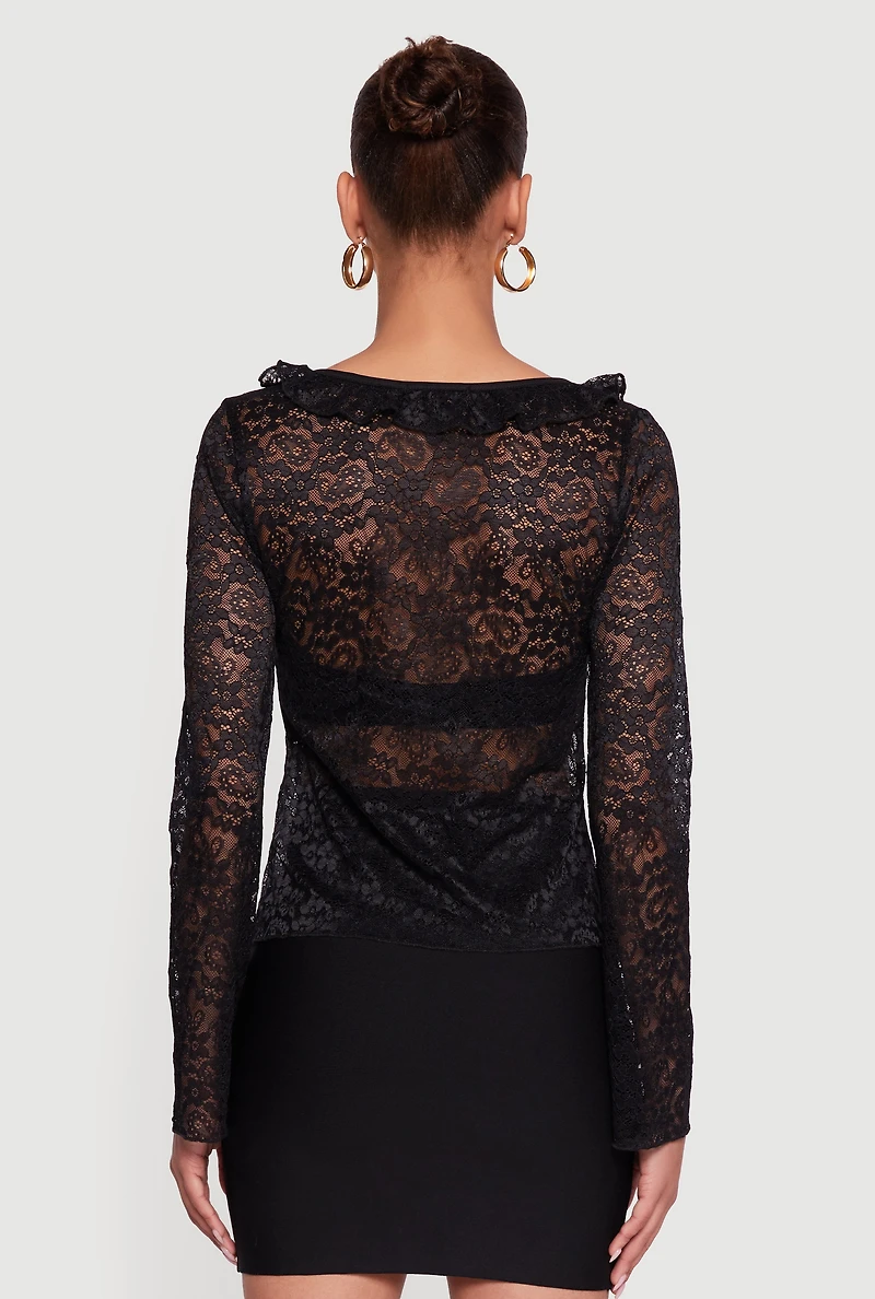 Womens Floral Lace Double Tie Front Ruffle Top, Black, Size L