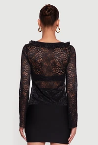 Womens Floral Lace Double Tie Front Ruffle Top, Black, Size L