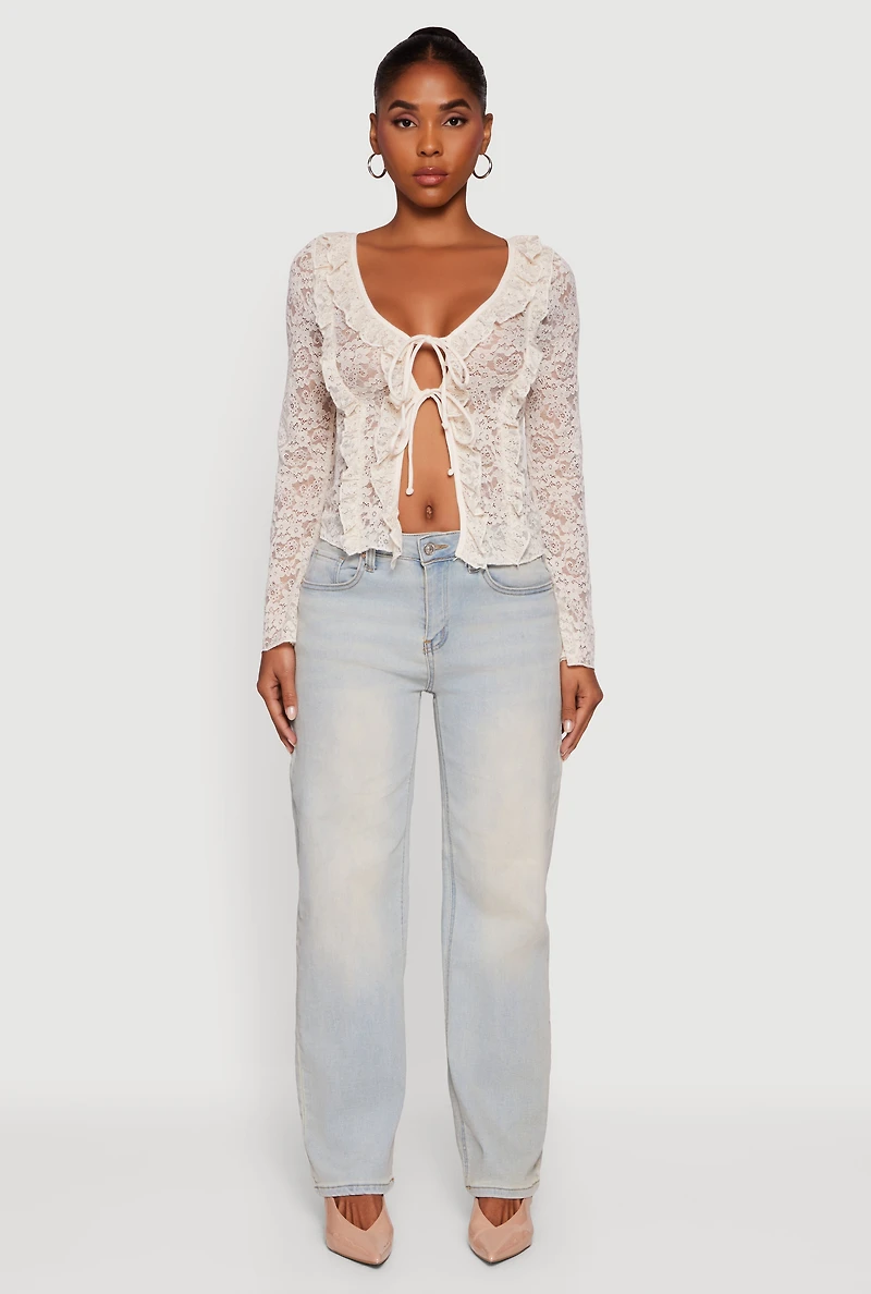 Womens Floral Lace Double Tie Front Ruffle Top, Beige, Size L