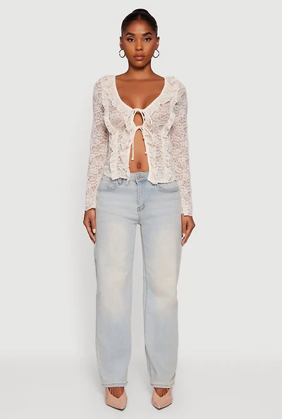 Womens Floral Lace Double Tie Front Ruffle Top, Beige, Size L