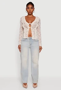 Womens Floral Lace Double Tie Front Ruffle Top, Beige, Size L