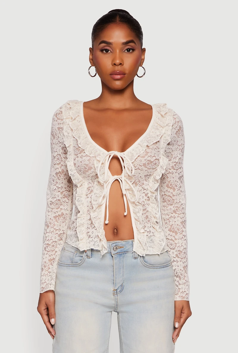 Womens Floral Lace Double Tie Front Ruffle Top, Beige, Size L