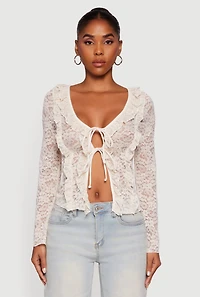 Womens Floral Lace Double Tie Front Ruffle Top, Beige, Size L