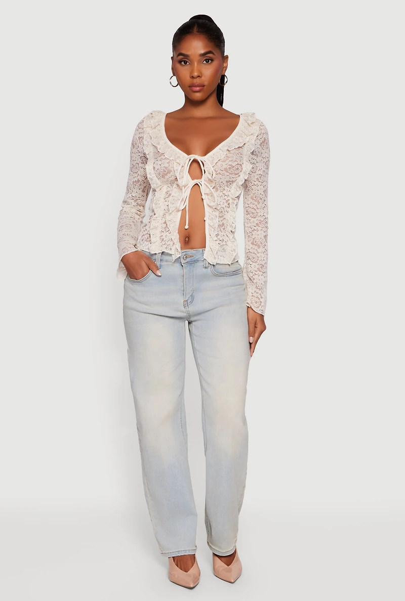 Womens Floral Lace Double Tie Front Ruffle Top, Beige, Size XL