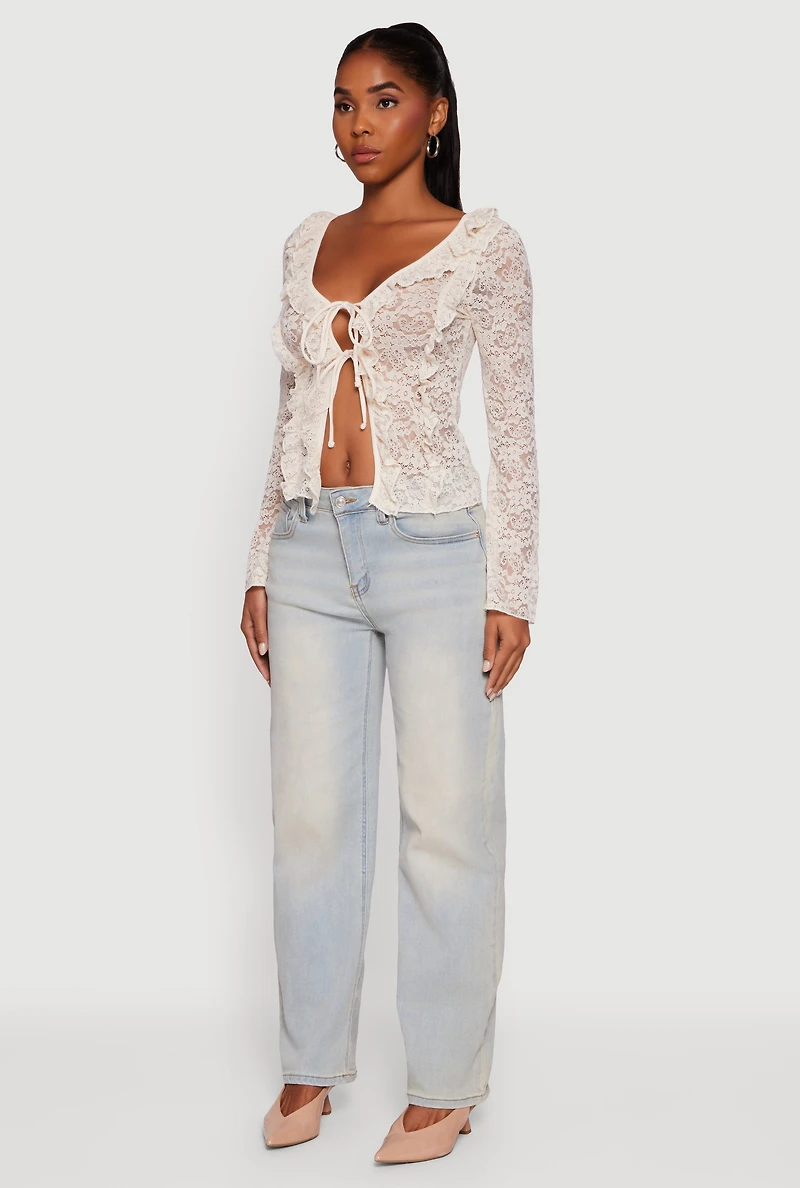 Womens Floral Lace Double Tie Front Ruffle Top, Beige, Size L