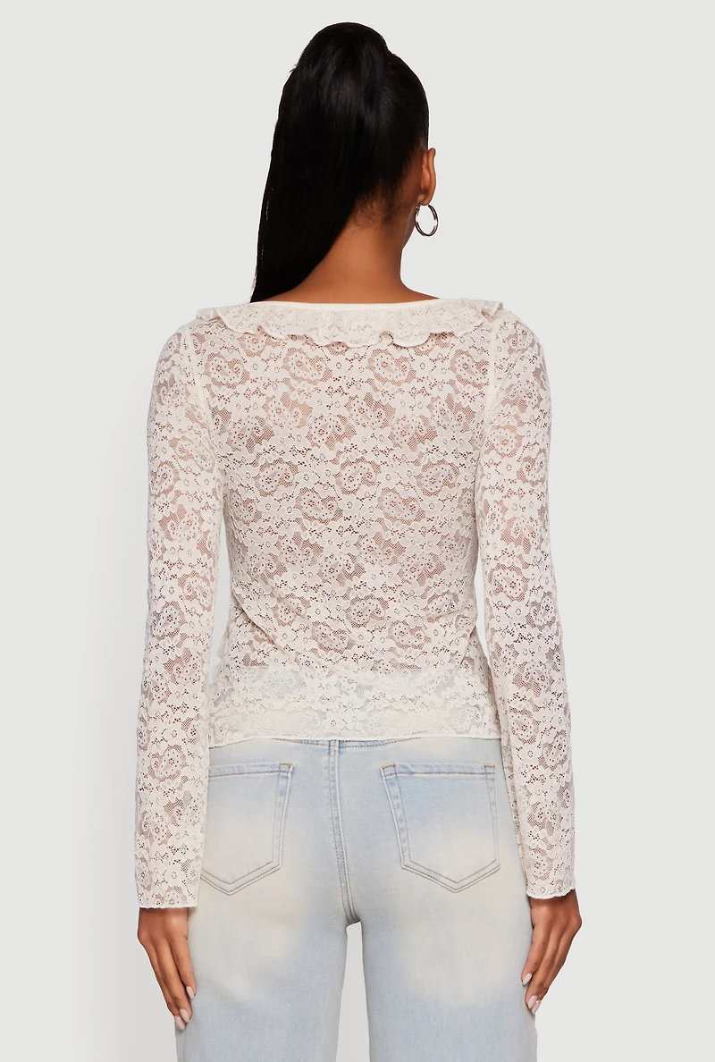 Womens Floral Lace Double Tie Front Ruffle Top, Beige, Size L