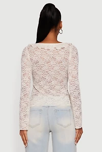 Womens Floral Lace Double Tie Front Ruffle Top, Beige, Size L