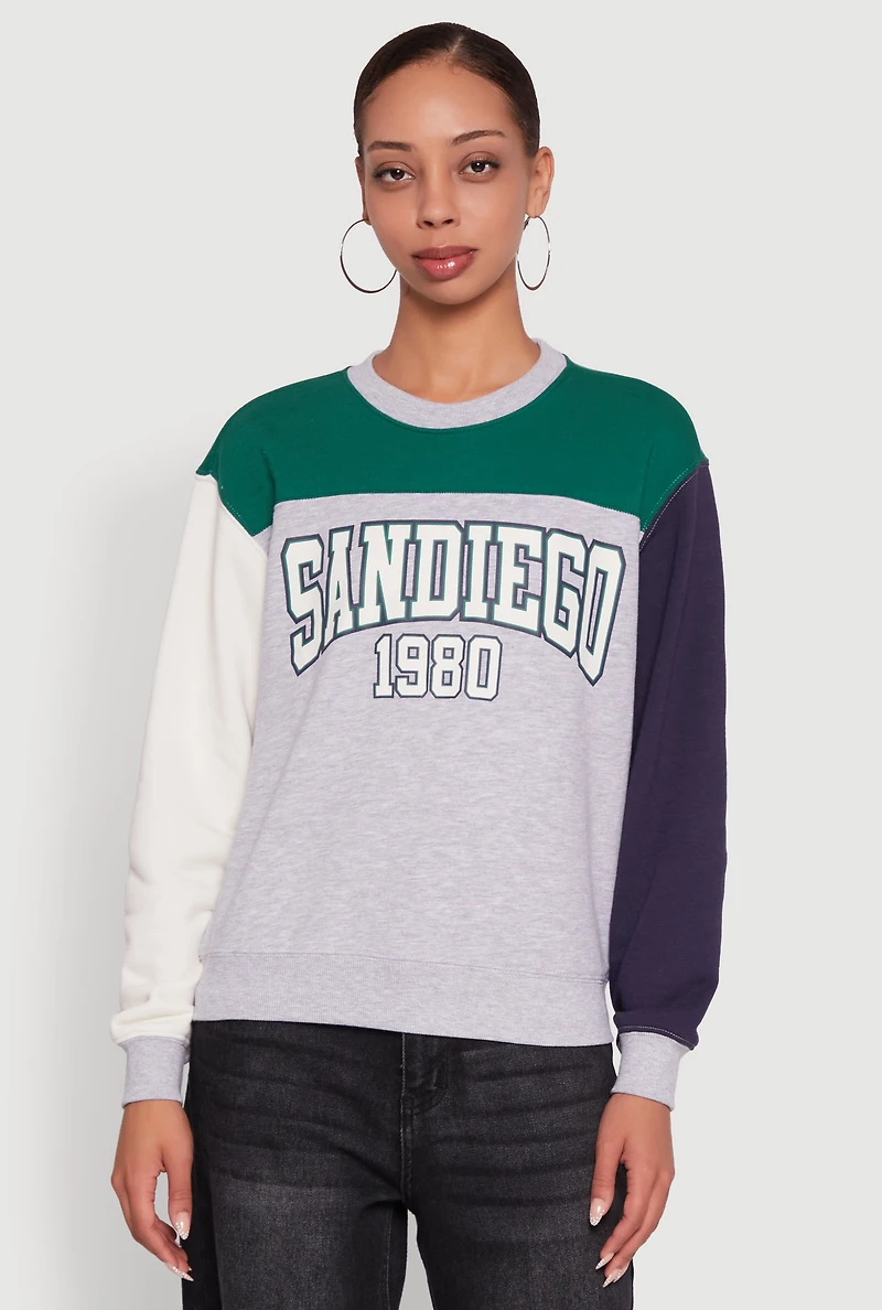 Madden Girl Color Blocked Graphic Crew Neck Sweatshirt