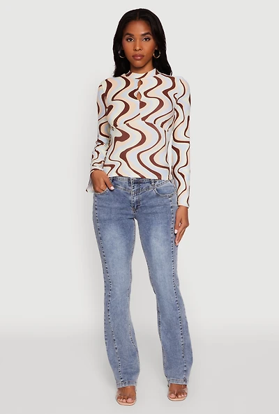 Womens Wavy Print Mock Neck Keyhole Detail Blouse, Multi, Size S