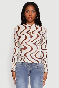 Womens Wavy Print Mock Neck Keyhole Detail Blouse, Multi,