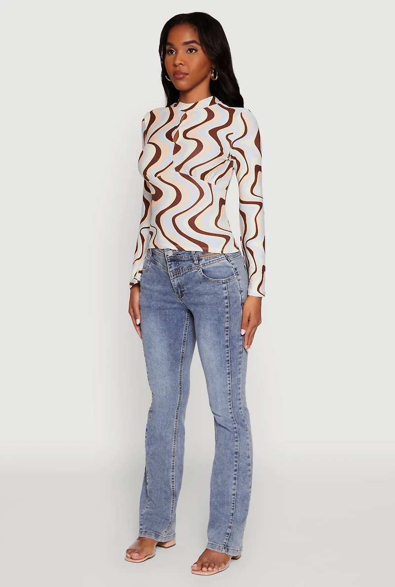 Womens Wavy Print Mock Neck Keyhole Detail Blouse, Multi, Size L