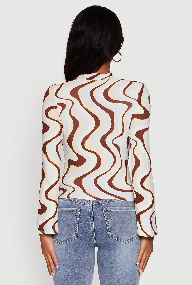 Womens Wavy Print Mock Neck Keyhole Detail Blouse, Multi, Size L