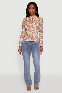 Womens Wavy Print Mock Neck Keyhole Detail Blouse, Multi, Size M