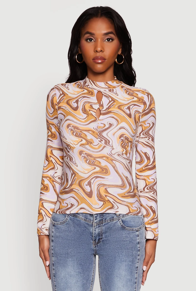 Womens Wavy Print Mock Neck Keyhole Detail Blouse, Multi, Size M
