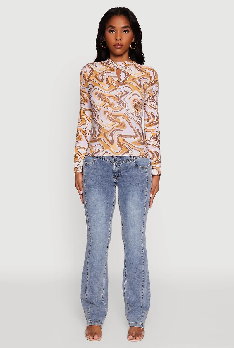 Womens Wavy Print Mock Neck Keyhole Detail Blouse, Multi, Size M