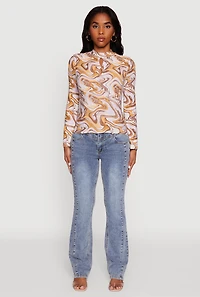 Womens Wavy Print Mock Neck Keyhole Detail Blouse, Multi, Size M