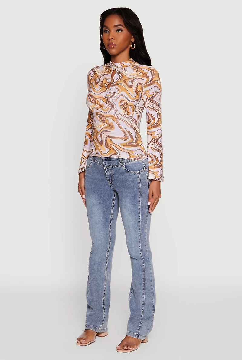 Womens Wavy Print Mock Neck Keyhole Detail Blouse, Multi, Size M