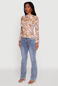 Womens Wavy Print Mock Neck Keyhole Detail Blouse, Multi, Size M