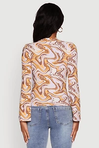 Womens Wavy Print Mock Neck Keyhole Detail Blouse, Multi, Size M