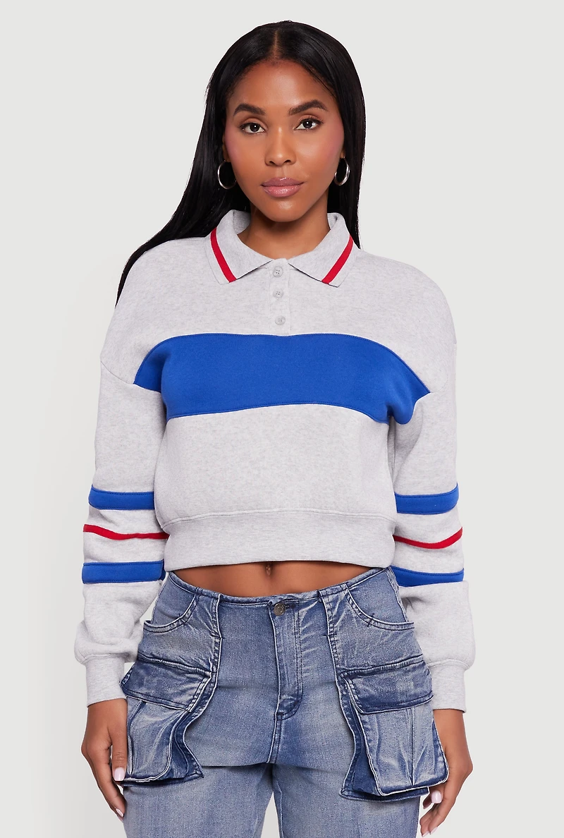 Cropped Color Block Polo Collar Sweatshirt
