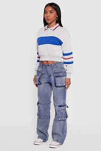 Cropped Color Block Polo Collar Sweatshirt