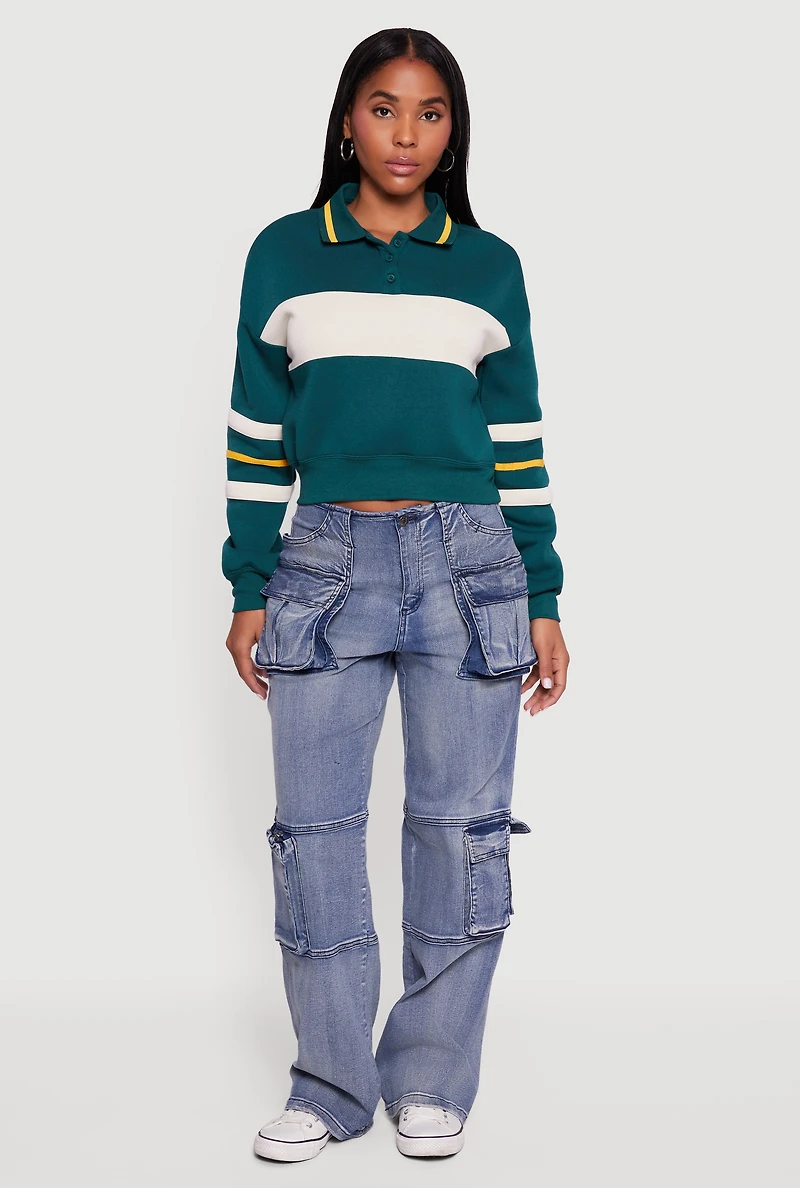 Cropped Color Block Polo Collar Sweatshirt