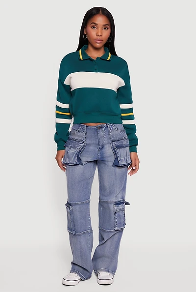 Cropped Color Block Polo Collar Sweatshirt