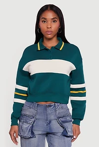 Cropped Color Block Polo Collar Sweatshirt