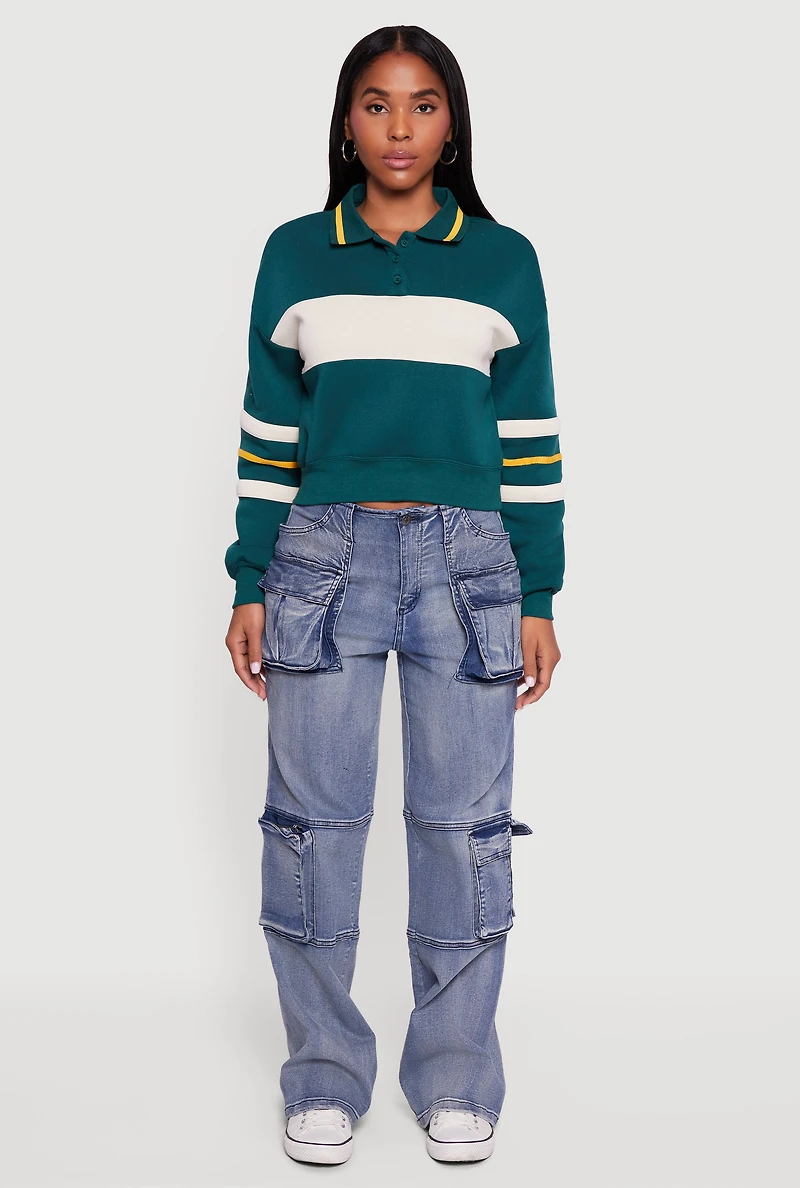 Cropped Color Block Polo Collar Sweatshirt