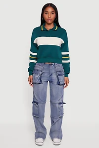 Cropped Color Block Polo Collar Sweatshirt