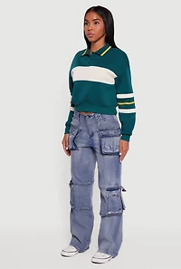 Cropped Color Block Polo Collar Sweatshirt