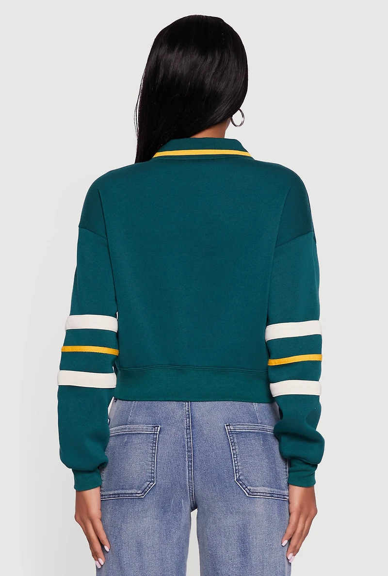 Cropped Color Block Polo Collar Sweatshirt
