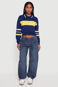 Cropped Color Block Polo Collar Sweatshirt