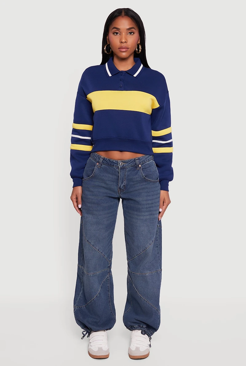 Cropped Color Block Polo Collar Sweatshirt
