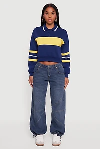 Cropped Color Block Polo Collar Sweatshirt